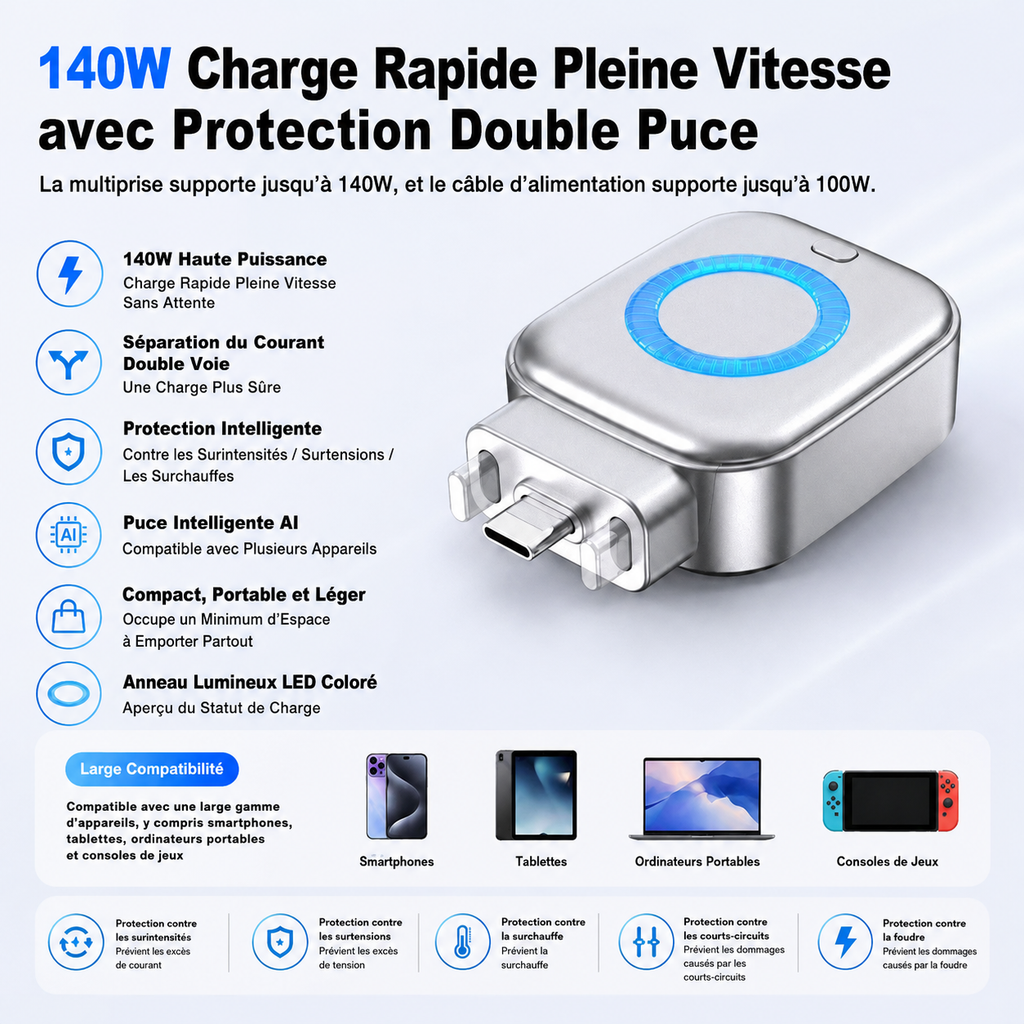 Tête Chargeur rapide intelligent 140W à déconnexion automatique-Protégez vos appareil